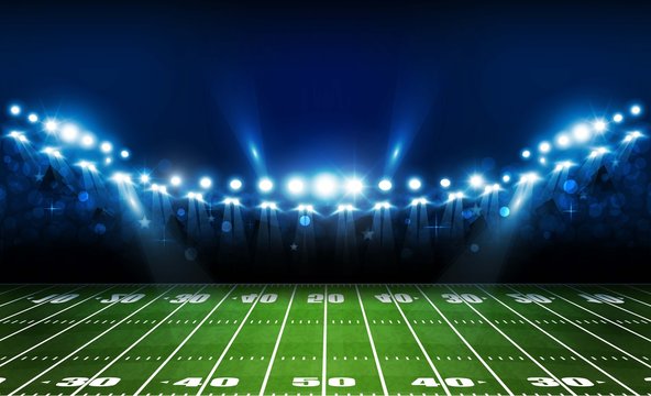 American football arena field with bright stadium lights design. Vector illumination