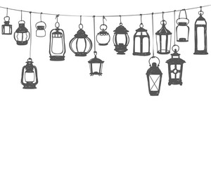 Hunging lanterns. Black on white doodle illustration