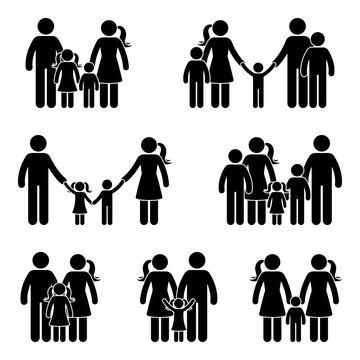 Stick figure family icon set. Vector illustration of people in different age on white.