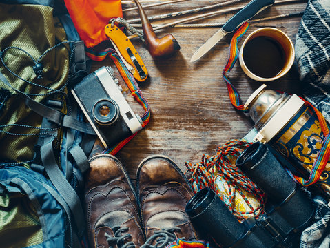 Traveler Workplace. Hiking Accessoires Top View. Adventure Discovery Lifestyle Holiday Activity Concept