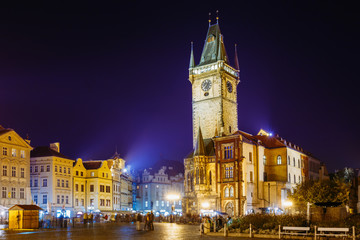 Fototapeta na wymiar Prague, Czech Republic. Night View Of The Old Town Hall In The Old Town