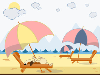 dog is laying on a beach relaxing on lounge a seaside in summer day