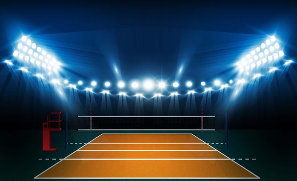 Volleyball court arena field with bright stadium lights design. Vector illumination