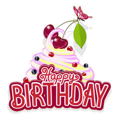 Happy birthday greeting card with cherries and butterflies