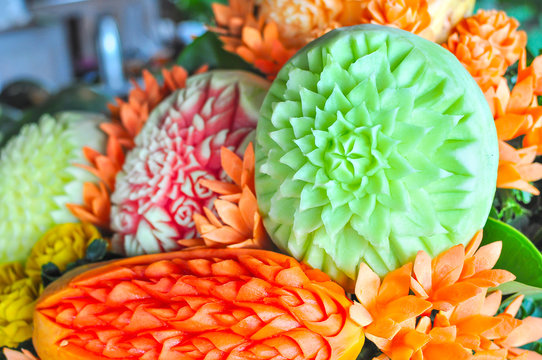 Beautiful Thai Fruit Carving for table food decoration.