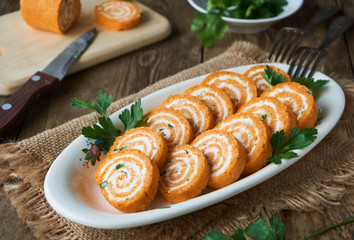 Egg roll with tomato paste, cheese and fresh greens 