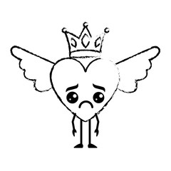 cartoon sad heart in love kawaii wings and crown