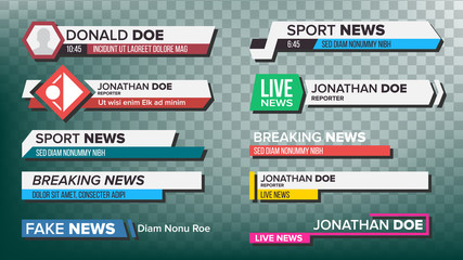 TV News Bars Set Vector. Streaming Video News Sign. Breaking, Sport News. Interface Sign. Isolated Illustration