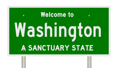 A 3d rendering of a green highway sign for Washington Sanctuary State