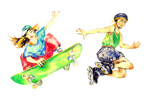 Girl jumping on skateboard and boy in roller skates, hand painted watercolor illustration, isolated on white background