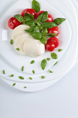Mozzarella with tomato and green basil.