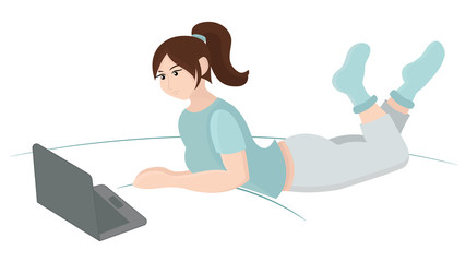 Female freelance working at home. Cartoon girl with laptop. Flat style. Vector illustration.