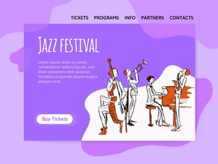 Jazz music festival, quartet in concert. Vector illutration, design template of music site header, banner or poster.