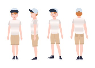 Redhead teenage boy, teen or teenager wearing cap, t-shirt, shorts and sneakers. Flat cartoon character isolated on white background. Front, side and back views. Colored vector illustration.