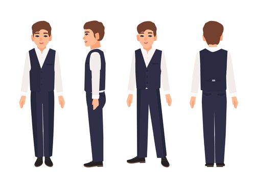 Elegant smiling teenage boy or teenager with brown hair wearing shirt, trousers and vest. Male cartoon character isolated on white background. Front, side and back views. Colored vector illustration.