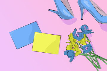 Women day greeting card with flowers and high heels on pinkbackground. Your text here