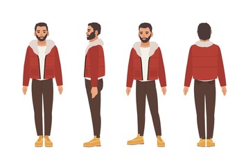 Cute smiling dark haired caucasian man with beard dressed in brown trousers and red jacket. Flat male cartoon character isolated on white background. Front, side and back views. Vector illustration.