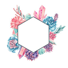Geometric frame with succulents, gemstones and floral elements. Watercolor illustration on white isolated background. Floral frame for text