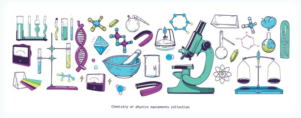 Fototapeta na wymiar Set of chemistry and physics laboratory equipment and tools isolated on white background - microscope, test tubes and flasks, molecular structures, prism. Hand drawn colorful vector illustration.