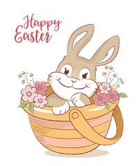 Easter bunny in a basket with flowers greeting card