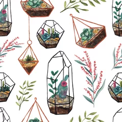Wallpaper murals Terrarium plants Seamless pattern with watercolor succulents on white background