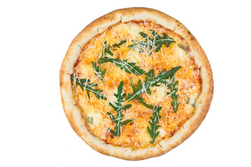 Delicious italian pizza over white background view from top