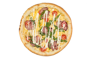 Delicious italian pizza over white background view from top