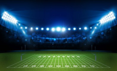 American football arena field with bright stadium lights design. Vector illumination © photoraidz