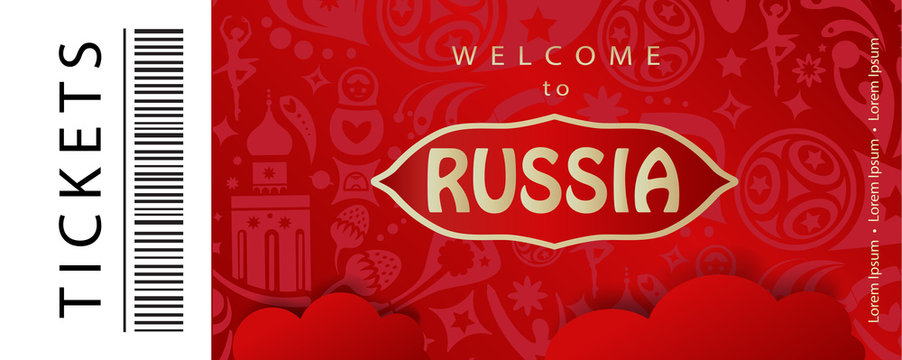 Welcome to Russia - text, Soccer world competition invitation, world cup banner, ticket concept modern design, with sports, football symbols, soccer ball, russian folk art elements red pattern vector