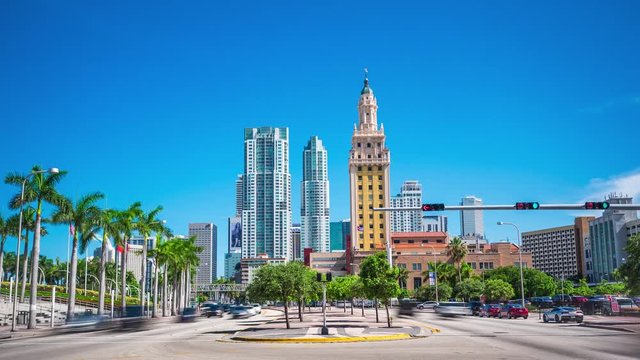 Miami, Florida, United States, time lapse view of traffic around the Freedom Tower and downtown buildings during daytime. 