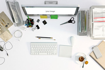 Fototapeta na wymiar Desktop table with computer mock up, smartphone , supplies, top view. 3D illustration