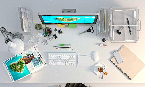 Desktop table with computer, smartphone , supplies, top view. 3D illustration