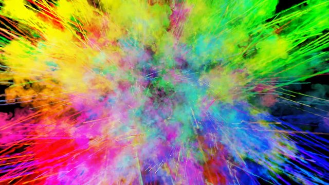 explosion of powder isolated on black background. 3d animation of particles as colorful background or overlays effects. Burst of rainbow colors powder for bright presentation like holi festival. 40