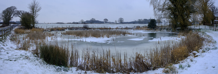 Winter snow scene frozen farm pond - South Boarhunt, Hampshire, UK
