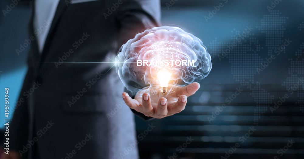 Poster businessman holding virtual brain and light bulb with global network connection, brainstorm and busi