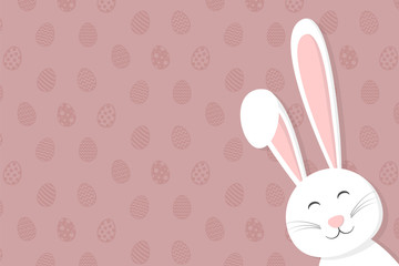 Template of an Easter card with smiley bunny on background with eggs. Vector.