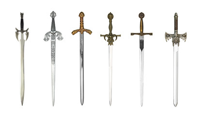 Six medieval swords isolated on white - 195161350