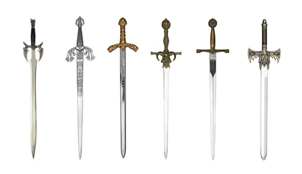 Six medieval swords isolated on white