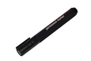 Permanent waterproof marker pen black color with red label isolated on white background