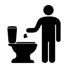 Значок человека, бросающего туалетную бумагу в унитаз. Векторная иллюстрация.