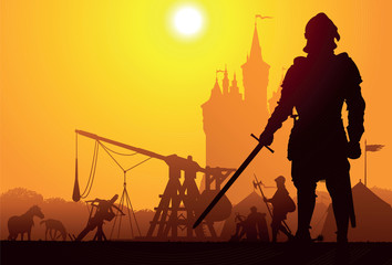Medieval knight with the camp and castle on background - obrazy, fototapety, plakaty