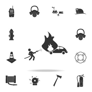 firefighter extinguish a fire extinguisher car icon. Detailed set icons of firefighter element icons. Premium quality graphic design. One of the collection icons for websites