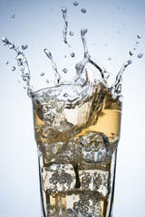 Ice cube splashing on a glass of soft drink