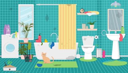 Dirty bathroom, toilet, cat's tray, dirty laundry. Vector flat illustration.