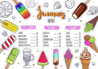 Summer ice cream menu. Vector hand drawn illustration. Design template for restaurant and cafe