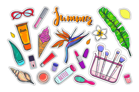 Fashion Vector Stickers, Patches, Pins. Summer Collection Of Make Up And Cosmetics Tools.