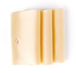 Cheese slices isolated on white, from above