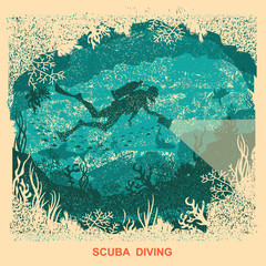 Silhouette of scuba driver swiiming deep underwater.Vintage sea poster background