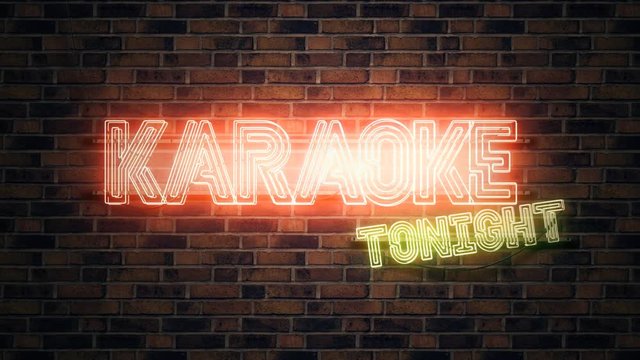 Karaoke tonight neon sign mounted on brick wall, 3d rendering animation