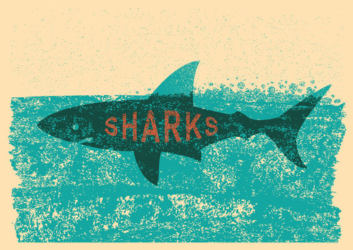 Shark swimming in sea on old paper poster